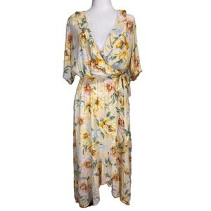 Old Navy Wrap Midi Dress‎ Womens M Yellow Pink Floral Ruffle Boho Coquette Y2K